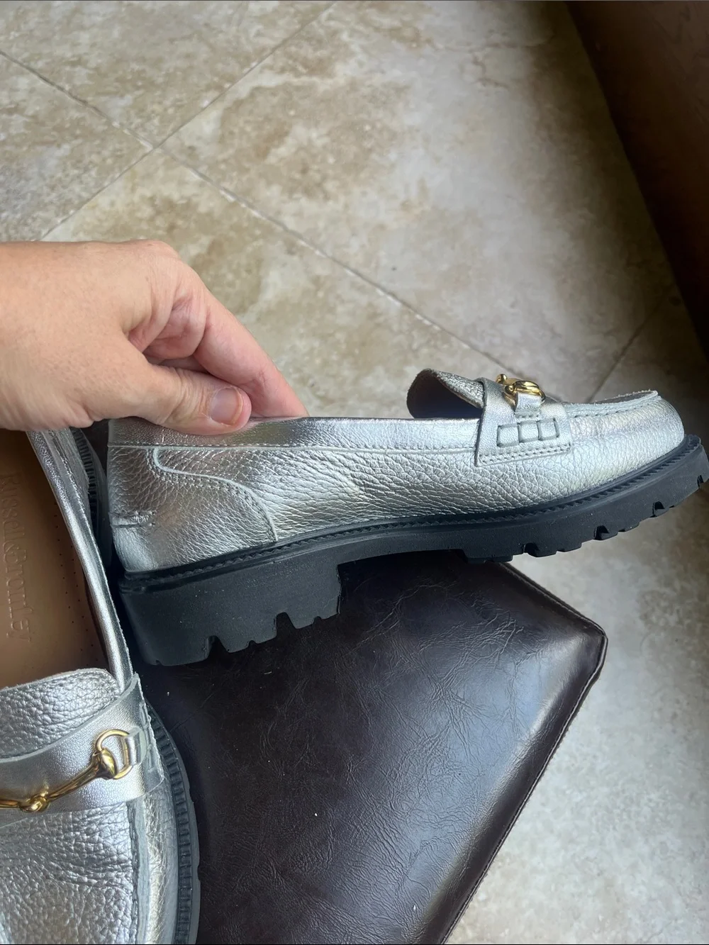 Russell & Bromley Silver Metallic Leather Loafers with Gold Bit New without Box